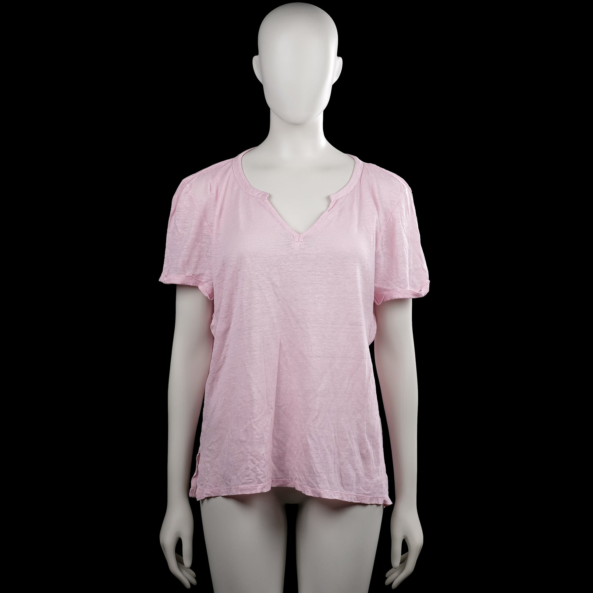 Esprit - T-shirt - Pink - Size XL - Pink solid top with short sleeves and a V-neck featuring a small notch at the center front. Straight hem with side slits.