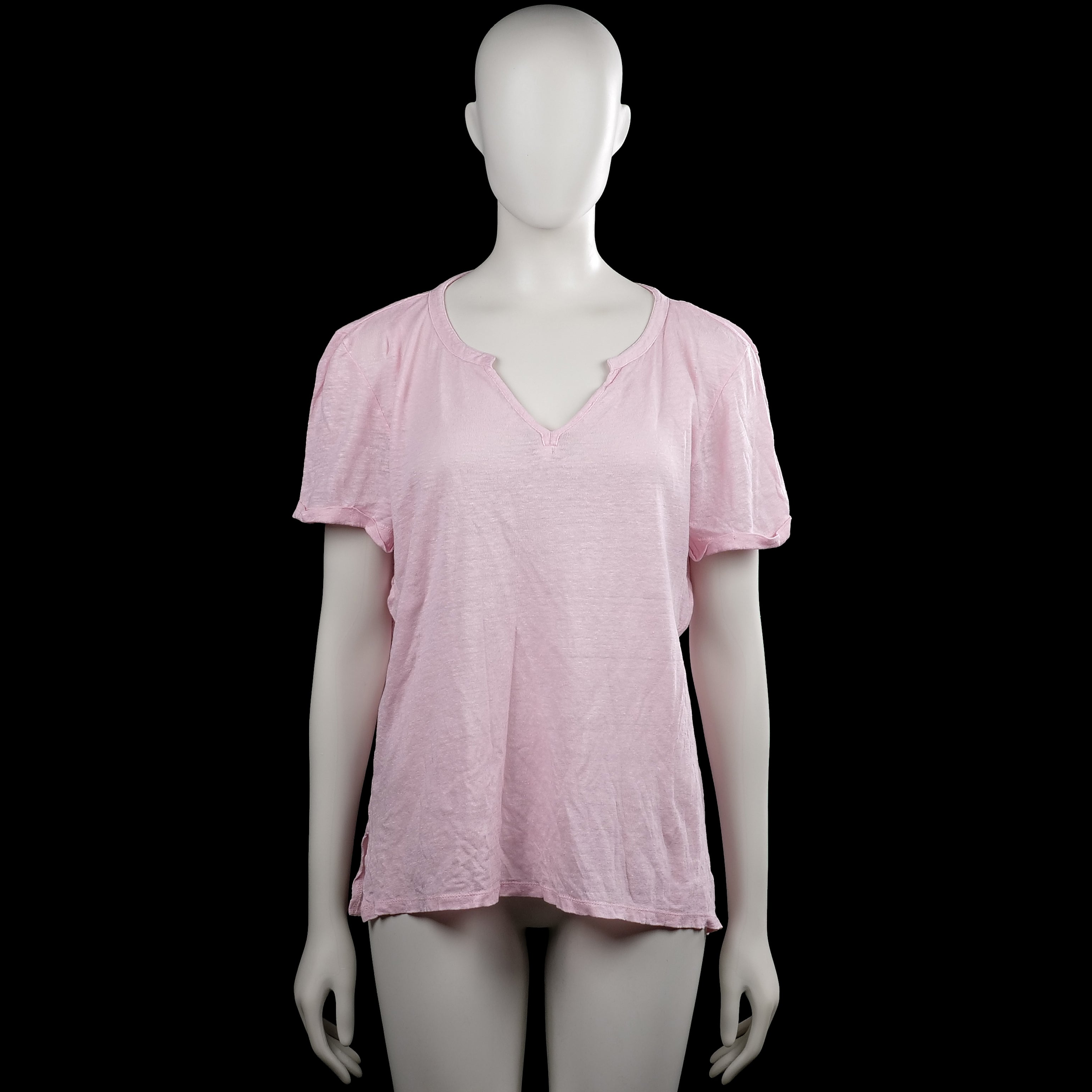 Esprit - T-shirt - Pink - Size XL - Pink solid top with short sleeves and a V-neck featuring a small notch at the center front. Straight hem with side slits.