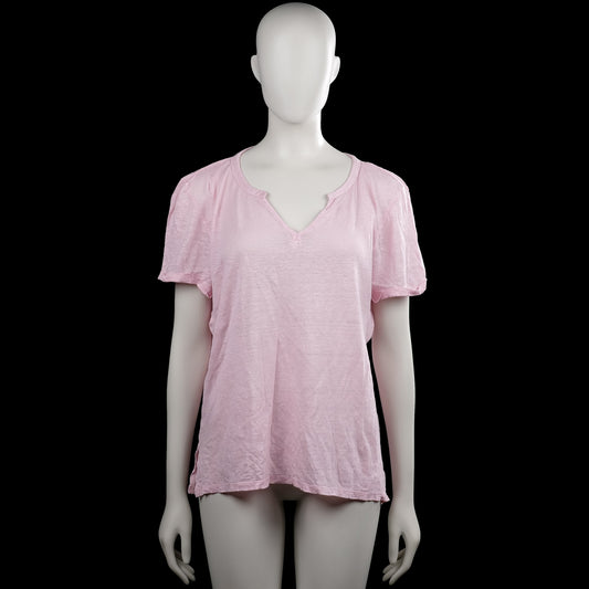 Esprit - T-shirt - Pink - Size XL - Pink solid top with short sleeves and a V-neck featuring a small notch at the center front. Straight hem with side slits.