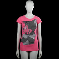 Elva first - T-shirt - Pink & Gray - Size S - Pink short-sleeve top with a round neck and straight hem. Features a large gray front graphic with silver and black embellishments.