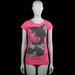 Elva first - T-shirt - Pink & Gray - Size S - Pink short-sleeve top with a round neck and straight hem. Features a large gray front graphic with silver and black embellishments.
