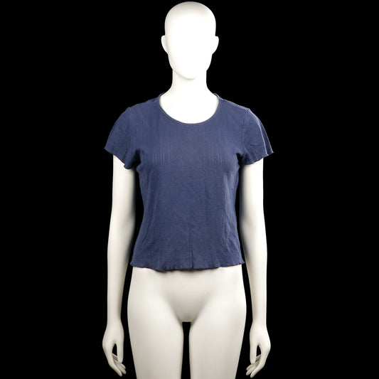 Only - T-shirt - Navy - Size S - Navy solid short-sleeve top with a round neckline and subtle vertical textured detailing. Straight hem and plain sleeve cuffs.