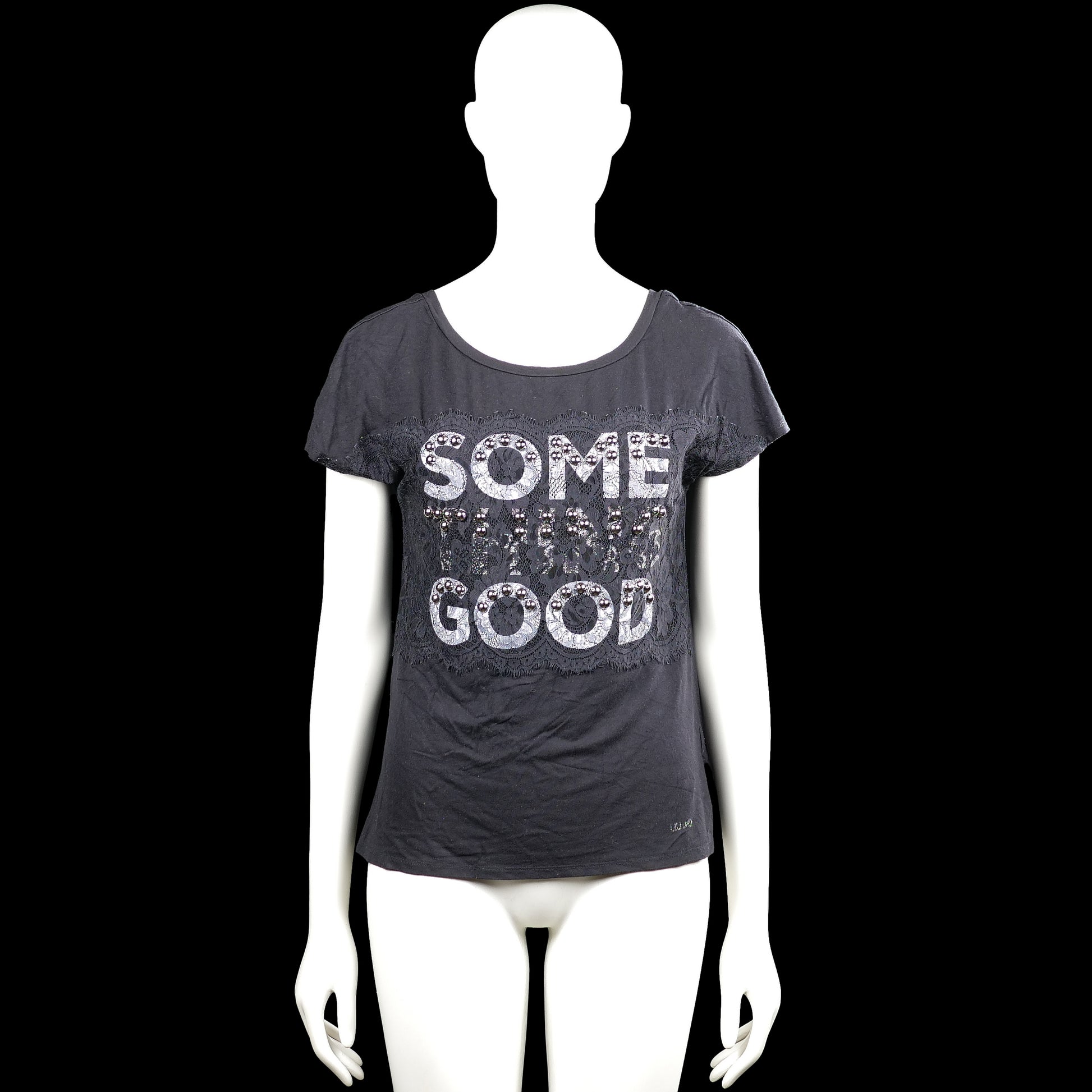 Liujo - T-shirt - Charcoal & Gray - Size S - Charcoal and gray short-sleeve top with a scoop neckline and straight hem. Features a lace panel with large text and stud details on the front.