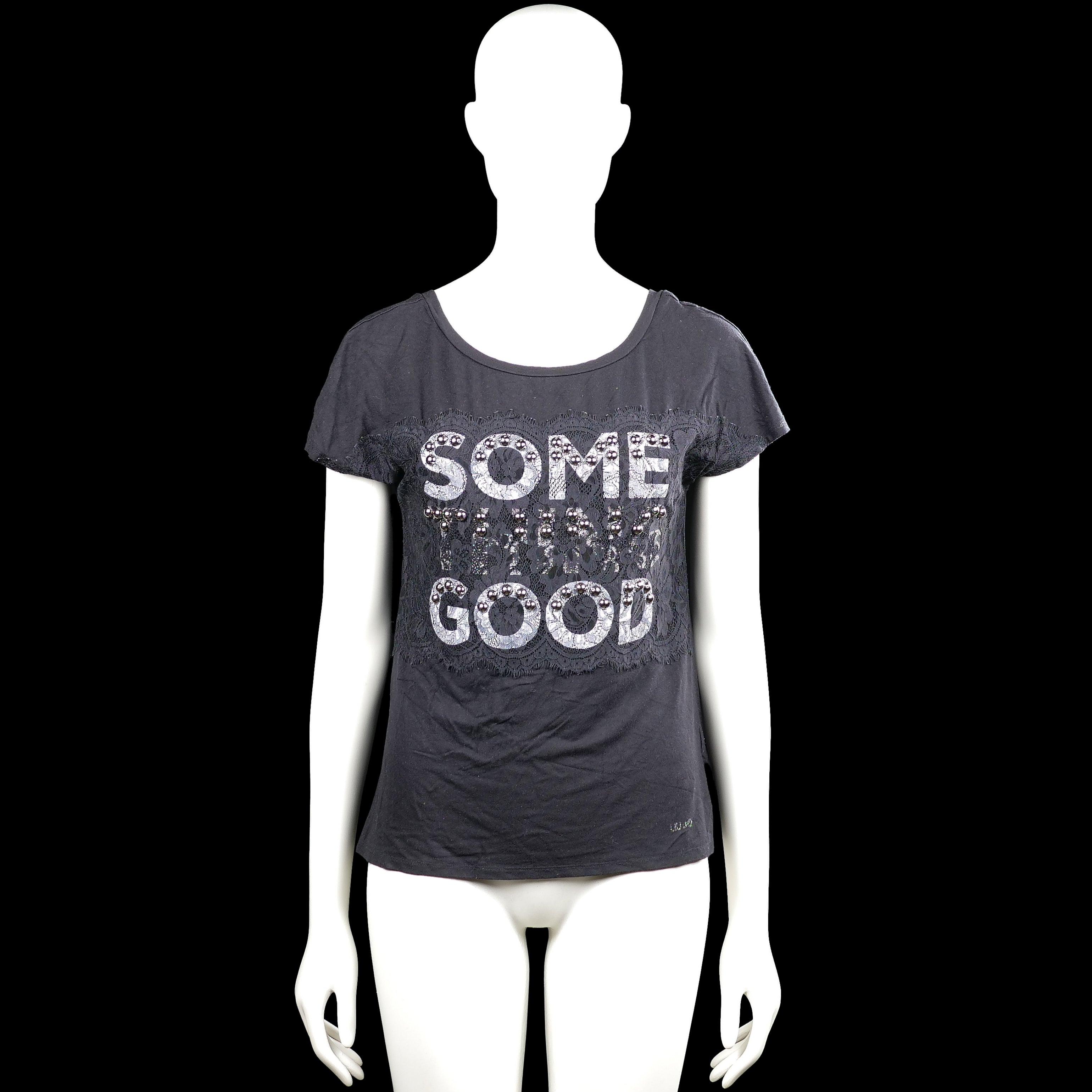 Liujo - T-shirt - Charcoal & Gray - Size S - Charcoal and gray short-sleeve top with a scoop neckline and straight hem. Features a lace panel with large text and stud details on the front.