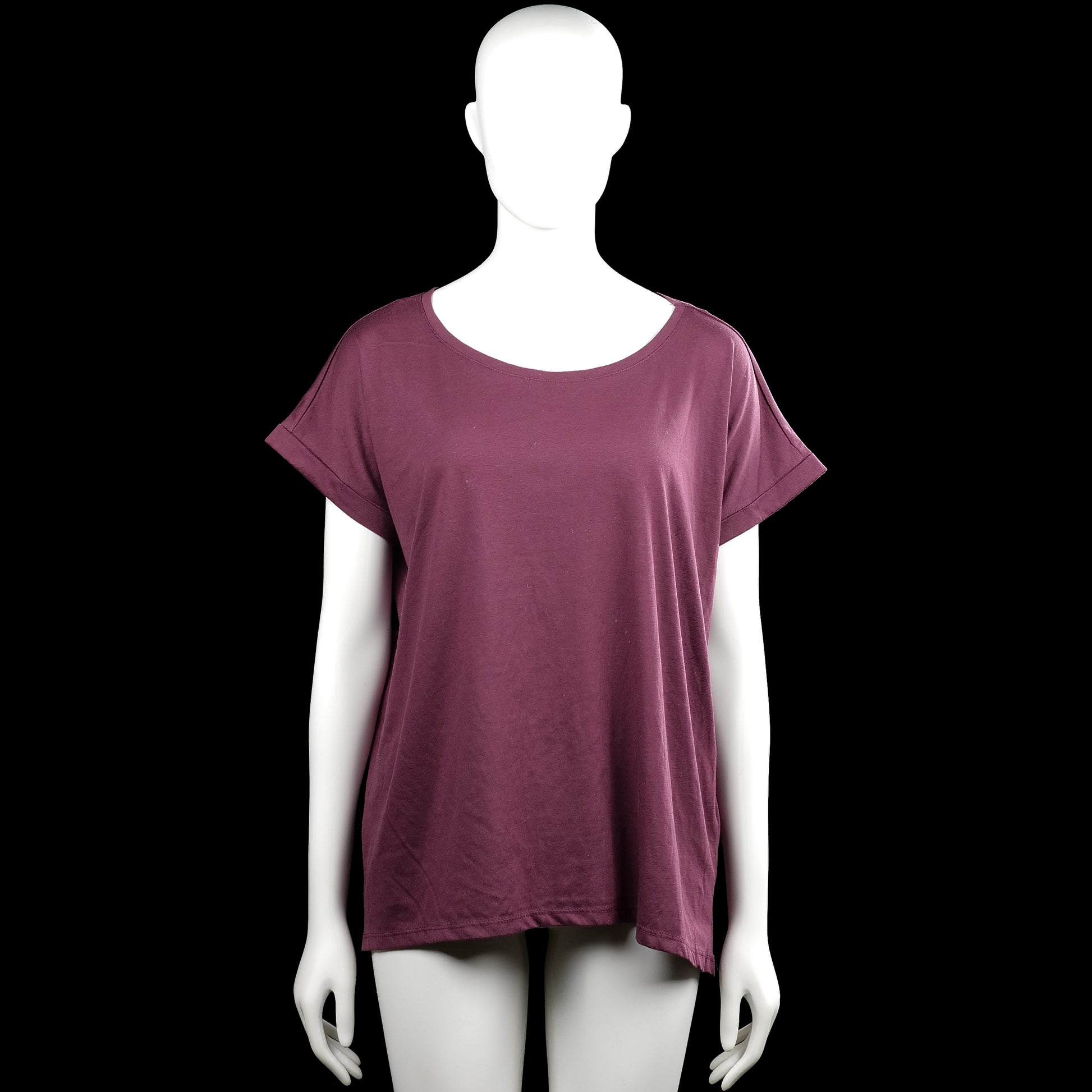 Vila - T-shirt - Burgundy - Size XL - Burgundy solid top with a scoop neckline and short sleeves with wide turned-up cuffs. Straight hem with no visible closures.