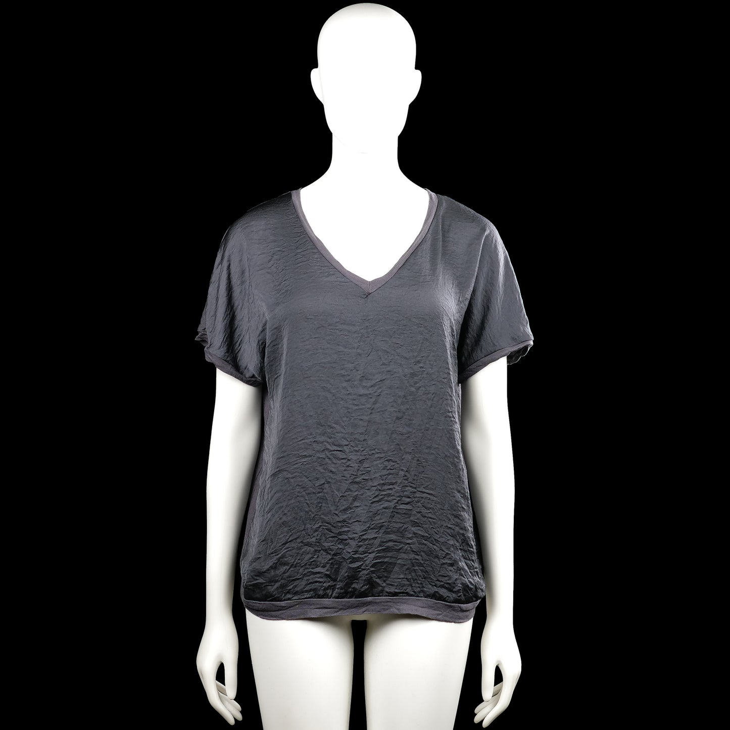 Lindex - T-shirt - Dark Gray - Size M - Dark gray solid top with a V-neck and short sleeves. Features rolled sleeve edges and a straight hem.