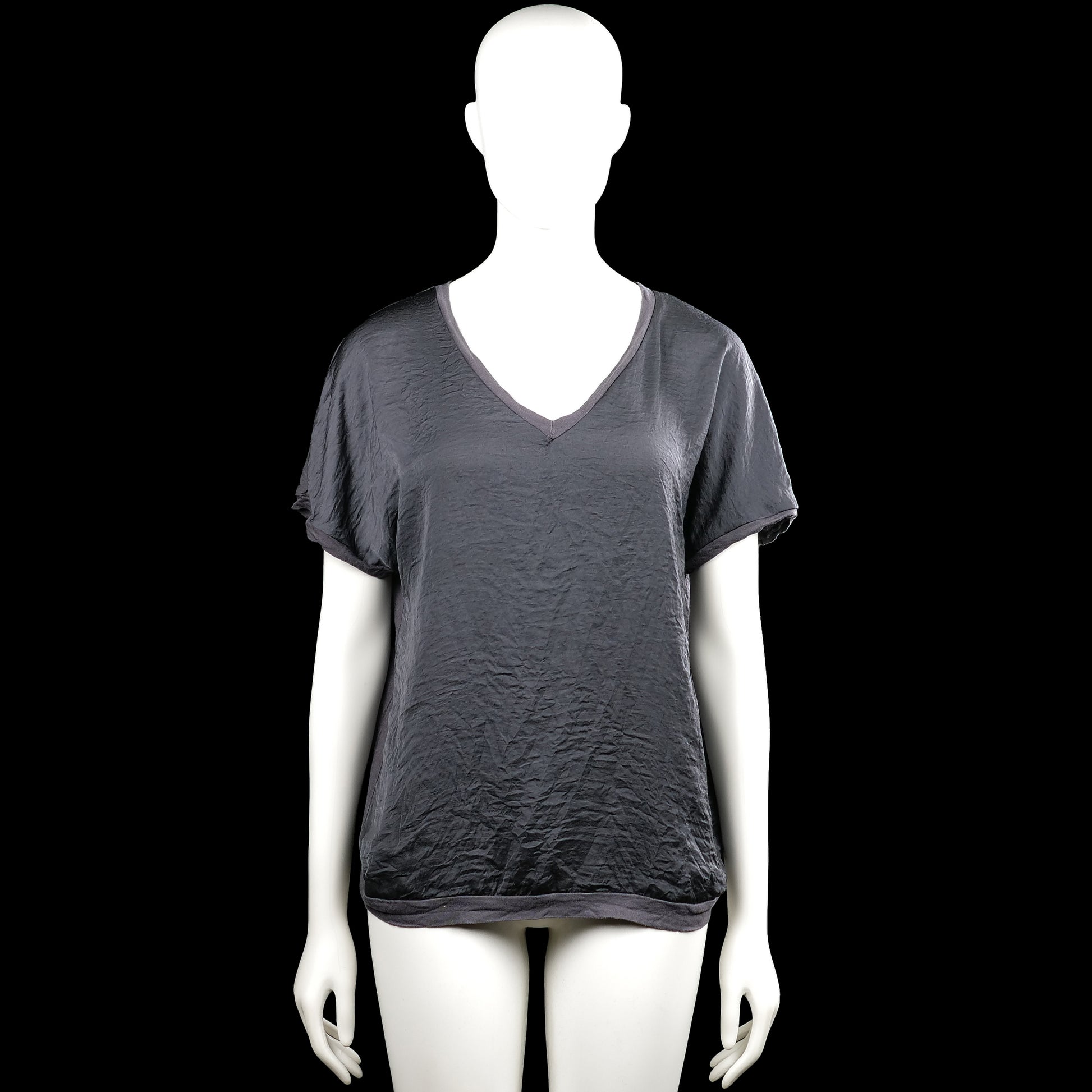 Lindex - T-shirt - Dark Gray - Size M - Dark gray solid top with a V-neck and short sleeves. Features rolled sleeve edges and a straight hem.