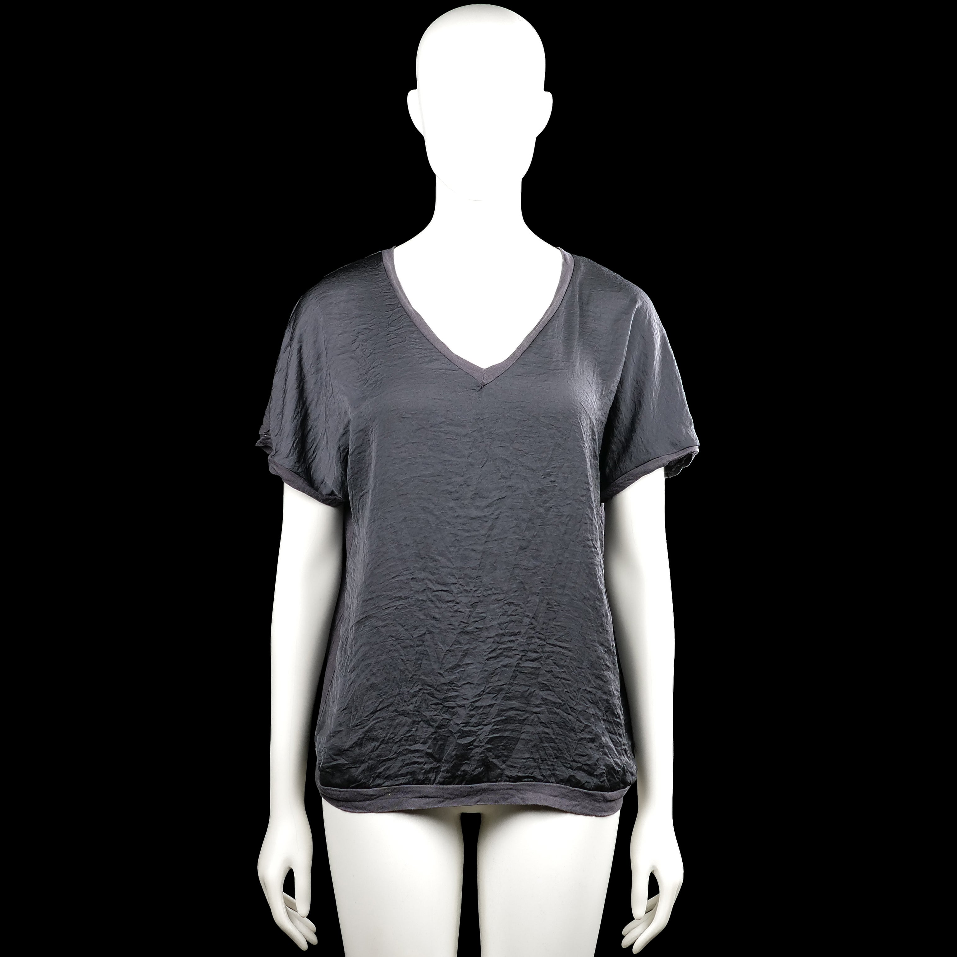 Lindex - T-shirt - Dark Gray - Size M - Dark gray solid top with a V-neck and short sleeves. Features rolled sleeve edges and a straight hem.