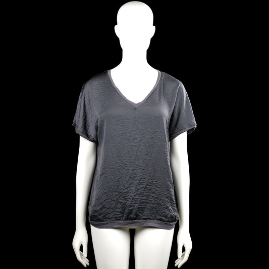 Lindex - T-shirt - Dark Gray - Size M - Dark gray solid top with a V-neck and short sleeves. Features rolled sleeve edges and a straight hem.