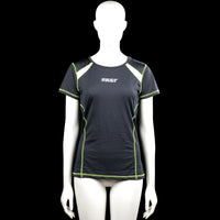 Fast - T-shirt - Black & Lime - Size S, M - Black short-sleeve top with a round neck and lime seam accents and shoulder panels. Straight hem and plain sleeve cuffs, with small text on the chest and a striped graphic on the upper back.