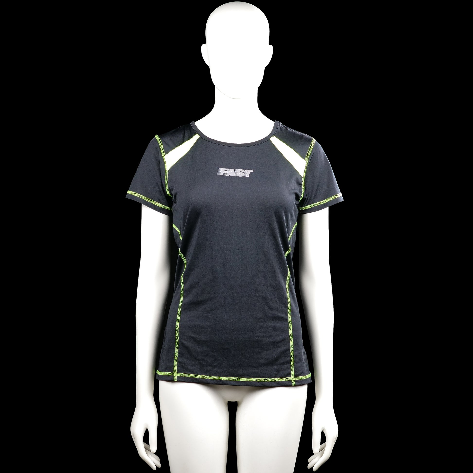 Fast - T-shirt - Black & Lime - Size S, M - Black short-sleeve top with a round neck and lime seam accents and shoulder panels. Straight hem and plain sleeve cuffs, with small text on the chest and a striped graphic on the upper back.