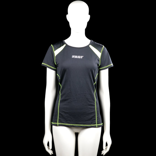 Fast - T-shirt - Black & Lime - Size S, M - Black short-sleeve top with a round neck and lime seam accents and shoulder panels. Straight hem and plain sleeve cuffs, with small text on the chest and a striped graphic on the upper back.