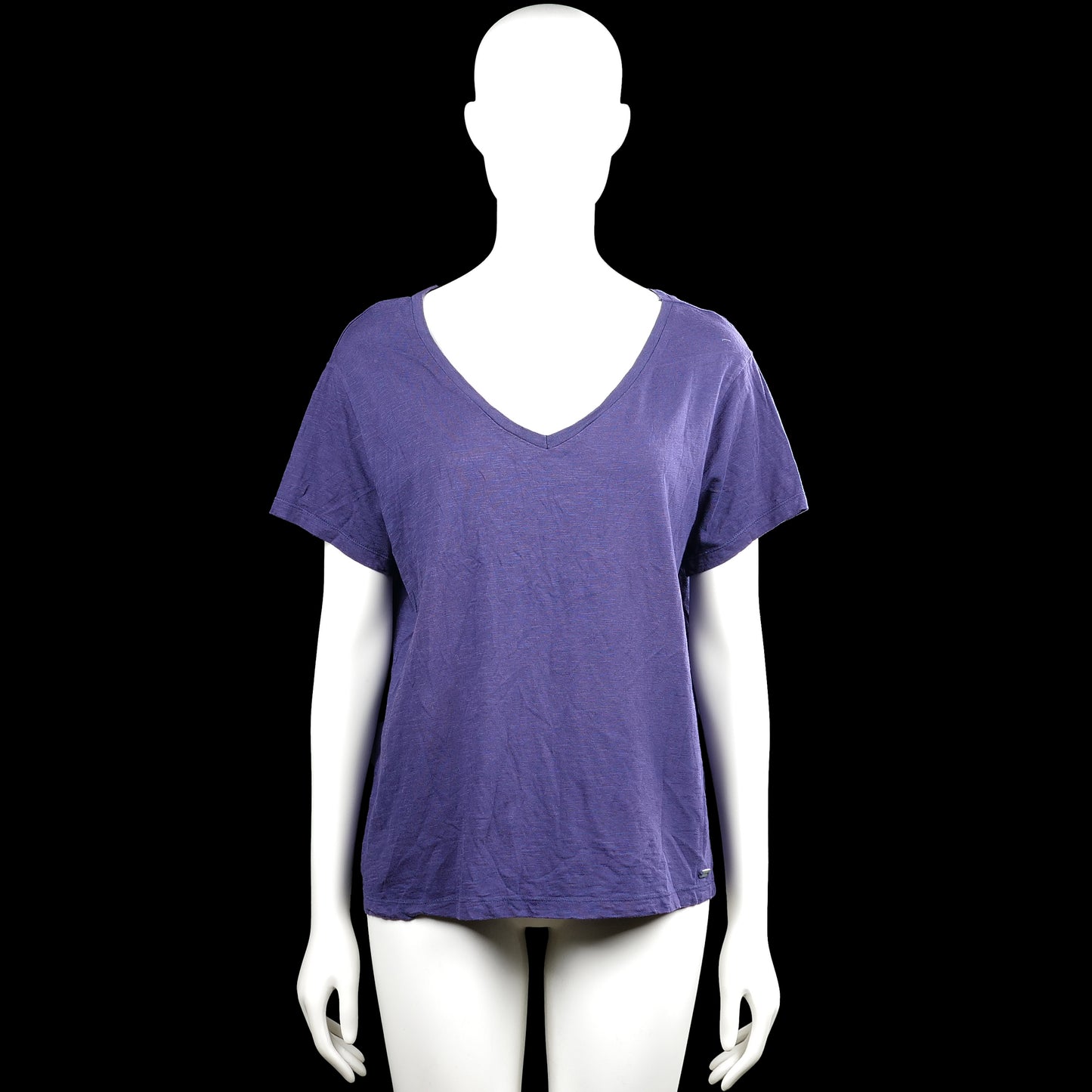 Zagani - T-shirt - Purple - Size L - Purple solid top with a V-neckline and short sleeves. Straight hem with plain sleeve cuffs.