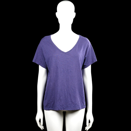 Zagani - T-shirt - Purple - Size L - Purple solid top with a V-neckline and short sleeves. Straight hem with plain sleeve cuffs.