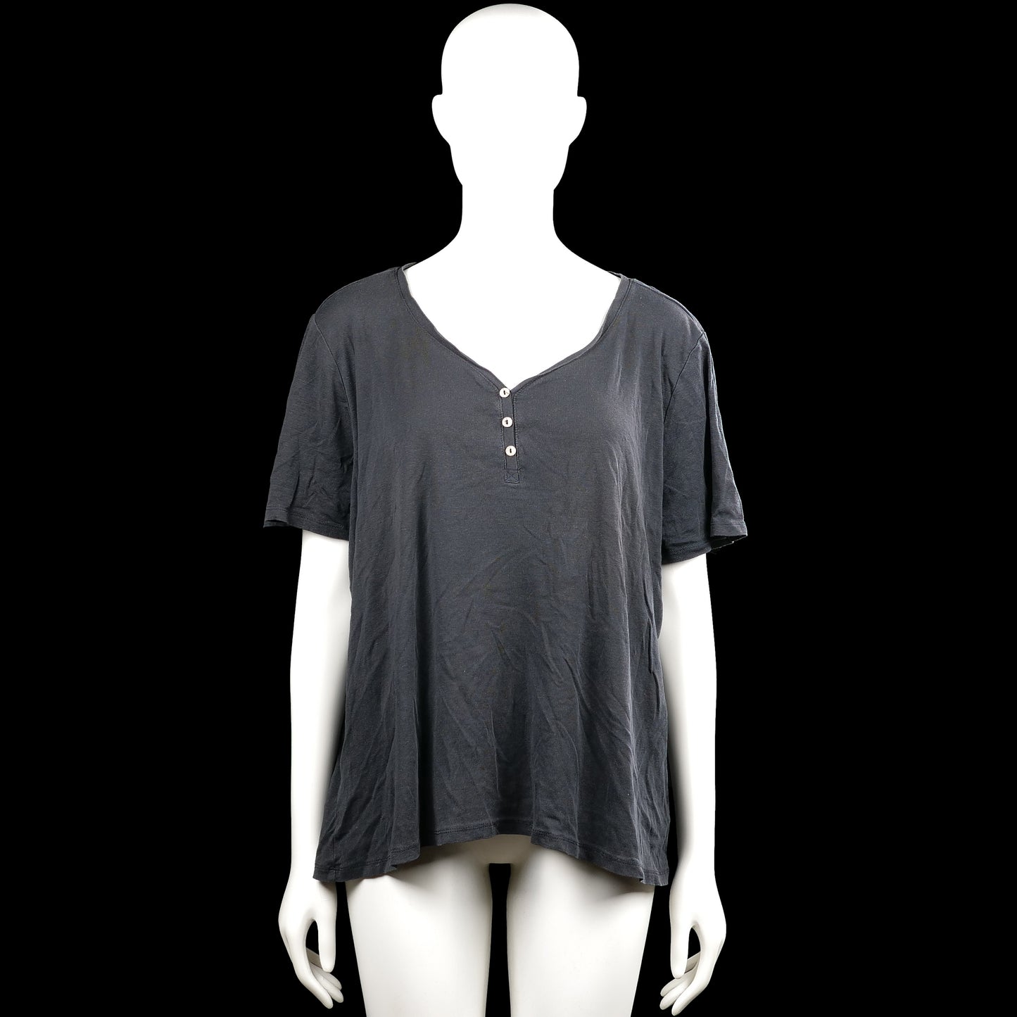 Hema - T-shirt - Dark Gray - Size XL - Dark gray solid top with a V-neckline and a short button placket. Short sleeves with plain cuffs and a straight hem.
