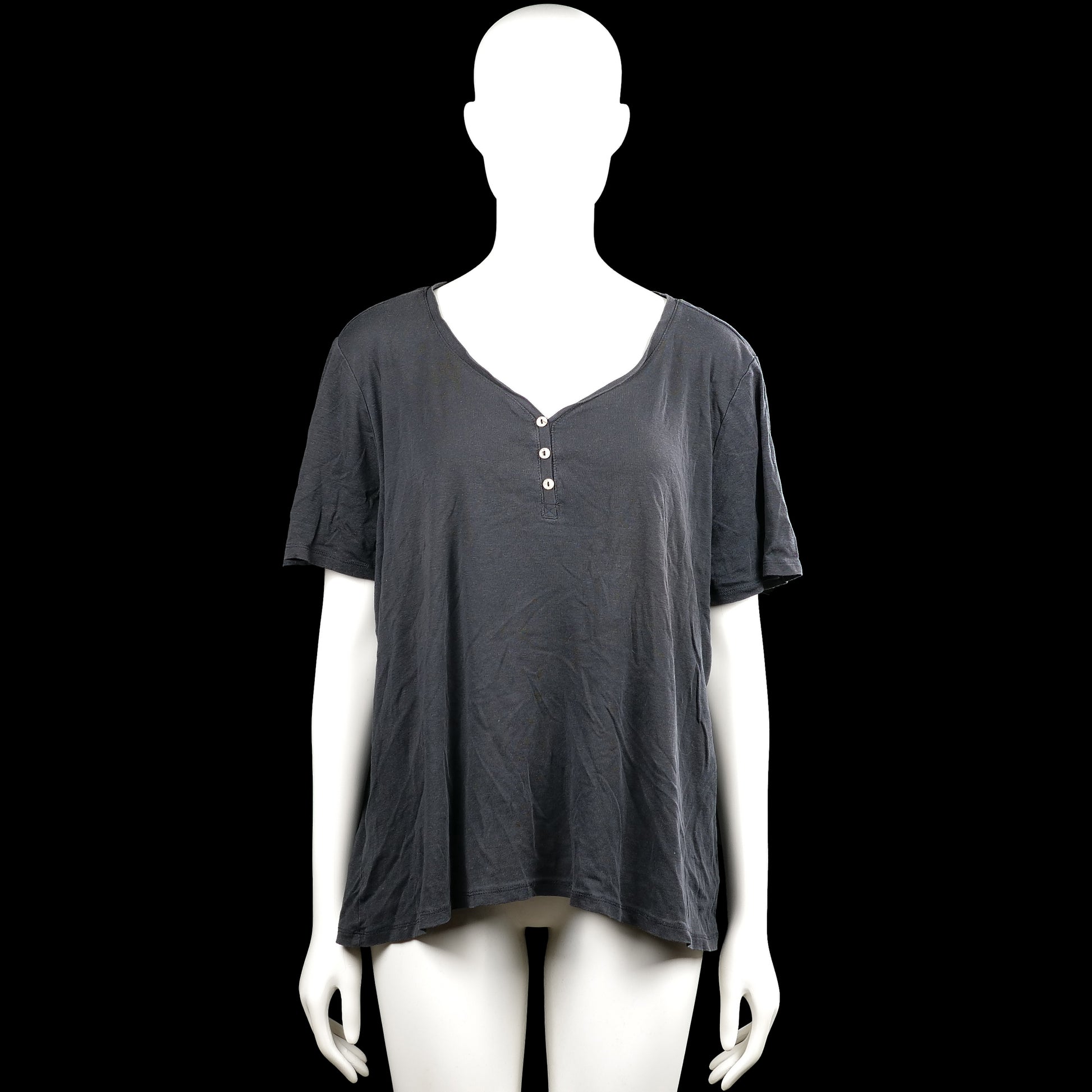 Hema - T-shirt - Dark Gray - Size XL - Dark gray solid top with a V-neckline and a short button placket. Short sleeves with plain cuffs and a straight hem.