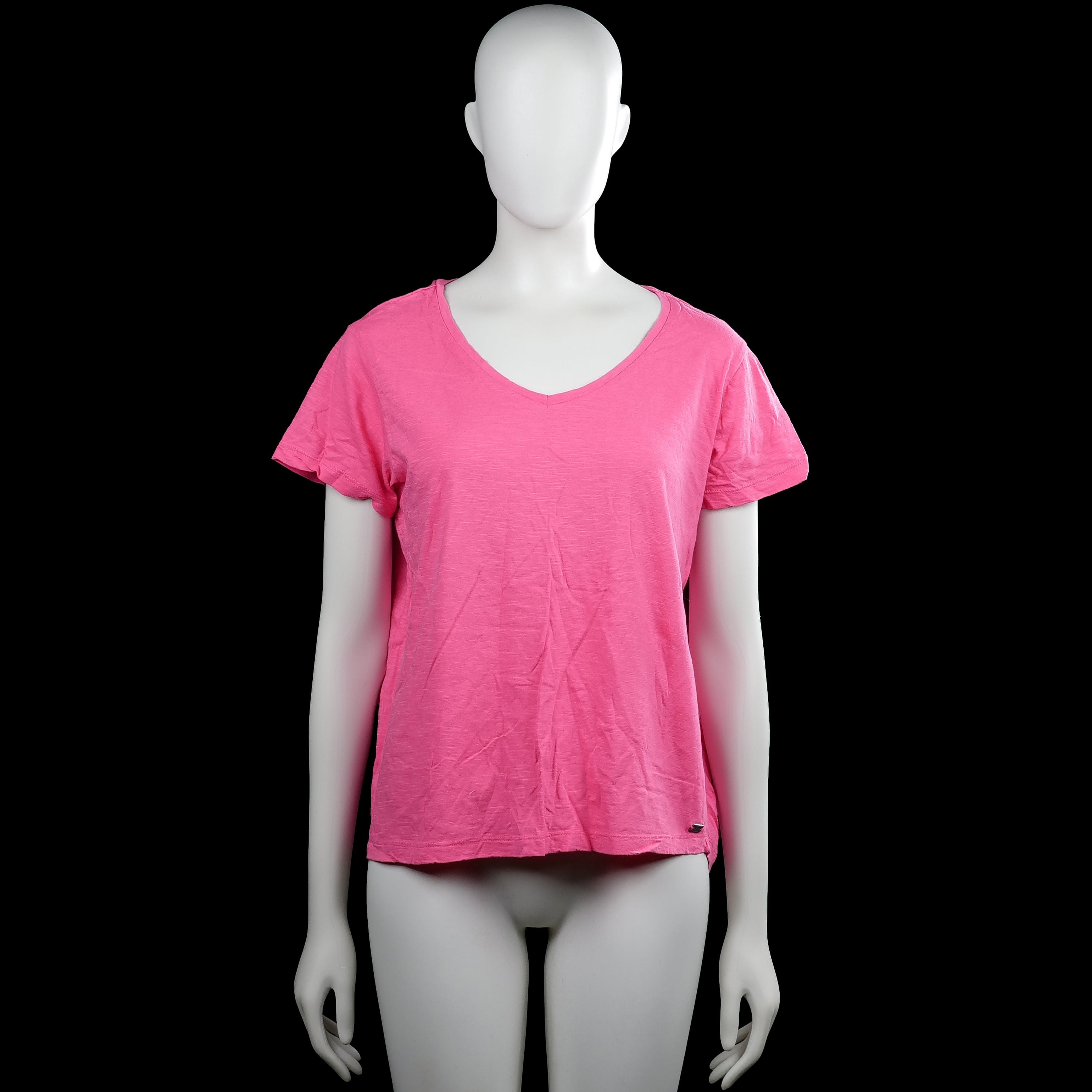 Zagani - T-shirt - Pink - Size M - Pink solid short-sleeve top with a V-neckline and plain cuffs. Straight hem with a small side vent.