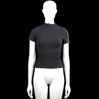 Only - T-shirt - Black - Size XS - Black solid ribbed top with a high neckline and short sleeves. Features slightly ruffled edges at the neck, sleeve cuffs, and straight hem.