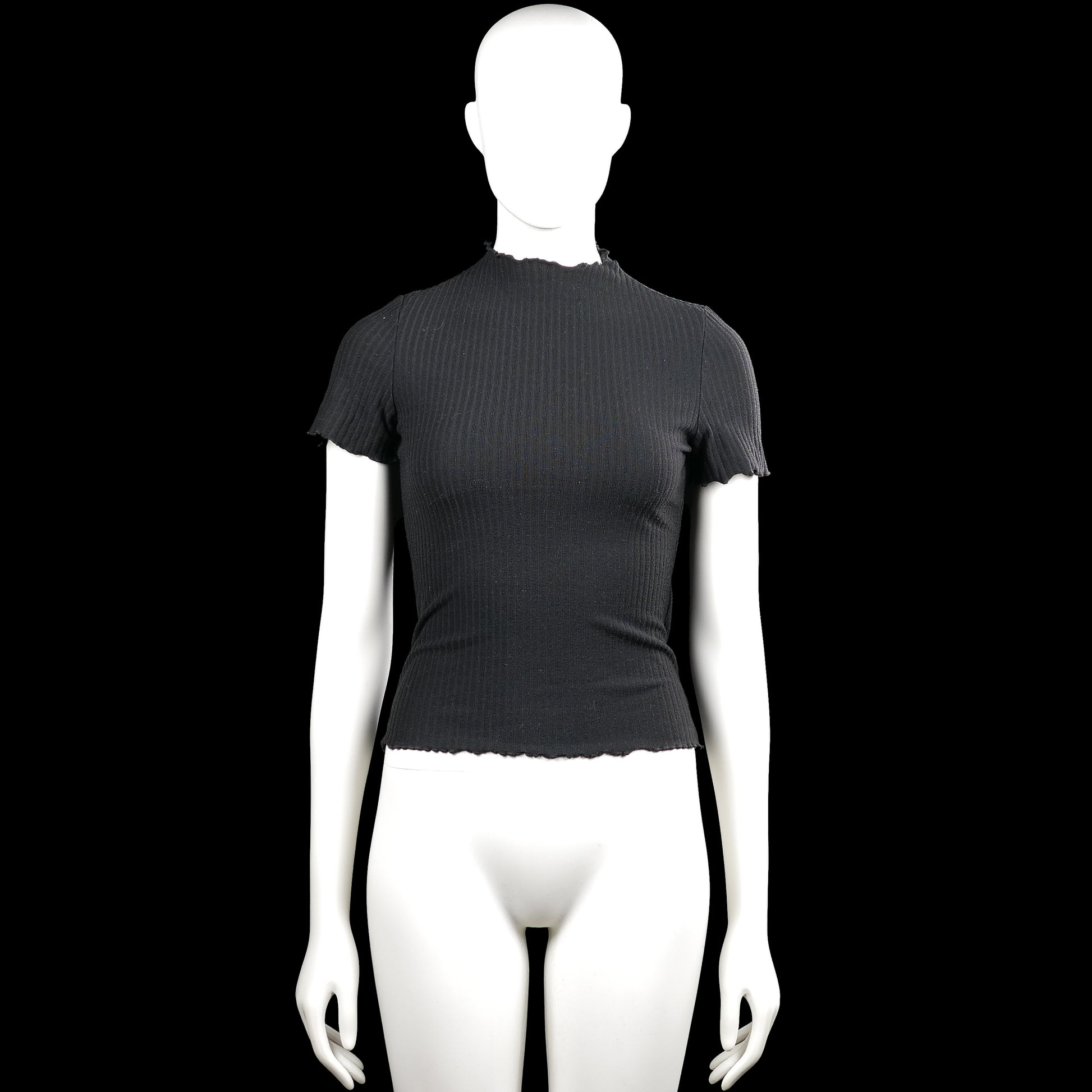 Only - T-shirt - Black - Size XS - Black solid ribbed top with a high neckline and short sleeves. Features slightly ruffled edges at the neck, sleeve cuffs, and straight hem.