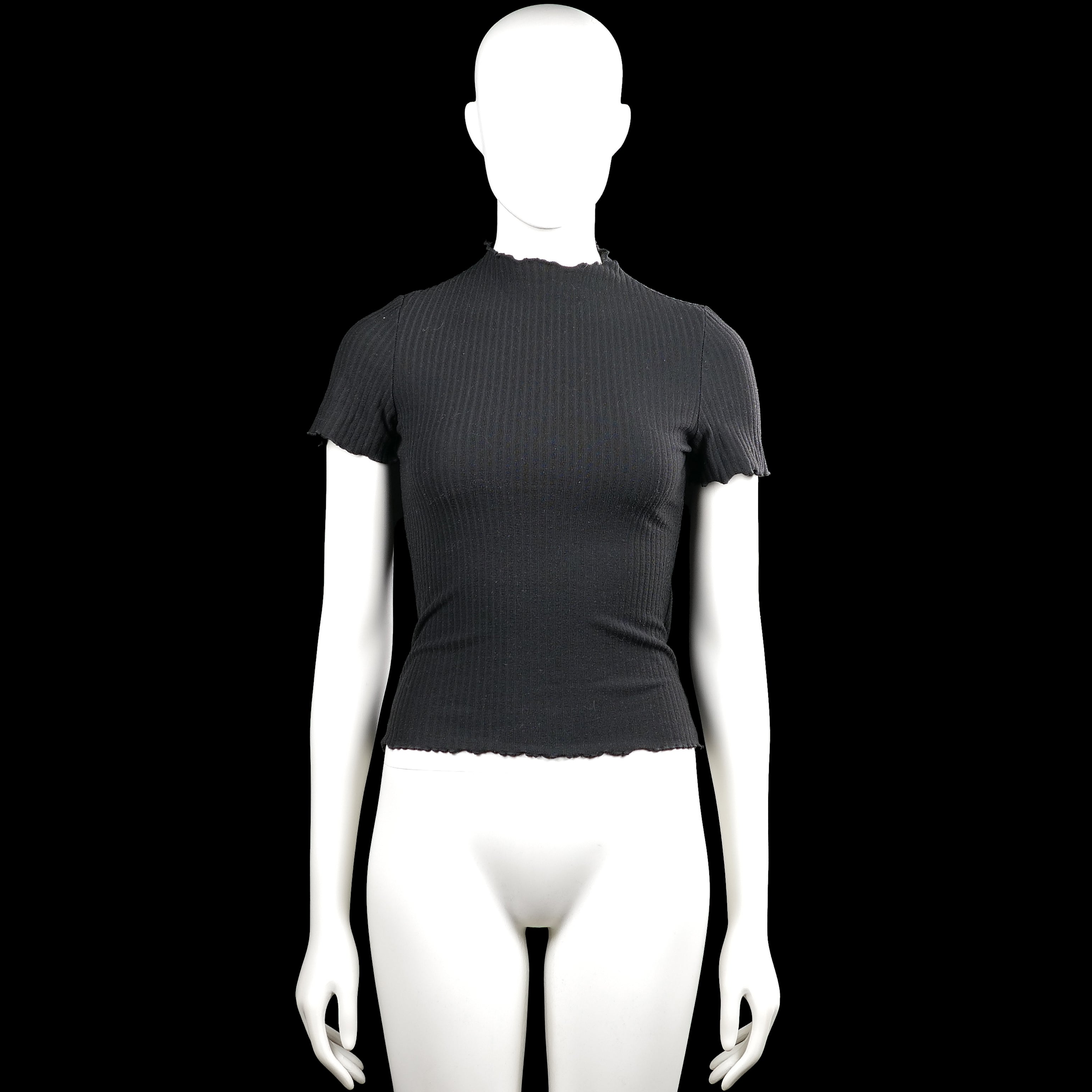 Only - T-shirt - Black - Size XS - Black solid ribbed top with a high neckline and short sleeves. Features slightly ruffled edges at the neck, sleeve cuffs, and straight hem.