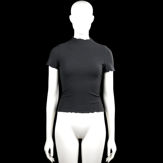Only - T-shirt - Black - Size XS - Black solid ribbed top with a high neckline and short sleeves. Features slightly ruffled edges at the neck, sleeve cuffs, and straight hem.