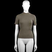 Amisu - T-shirt - Olive - Size S - Olive ribbed solid top with a mock neck and short sleeves. Features plain cuffs and a straight hem.