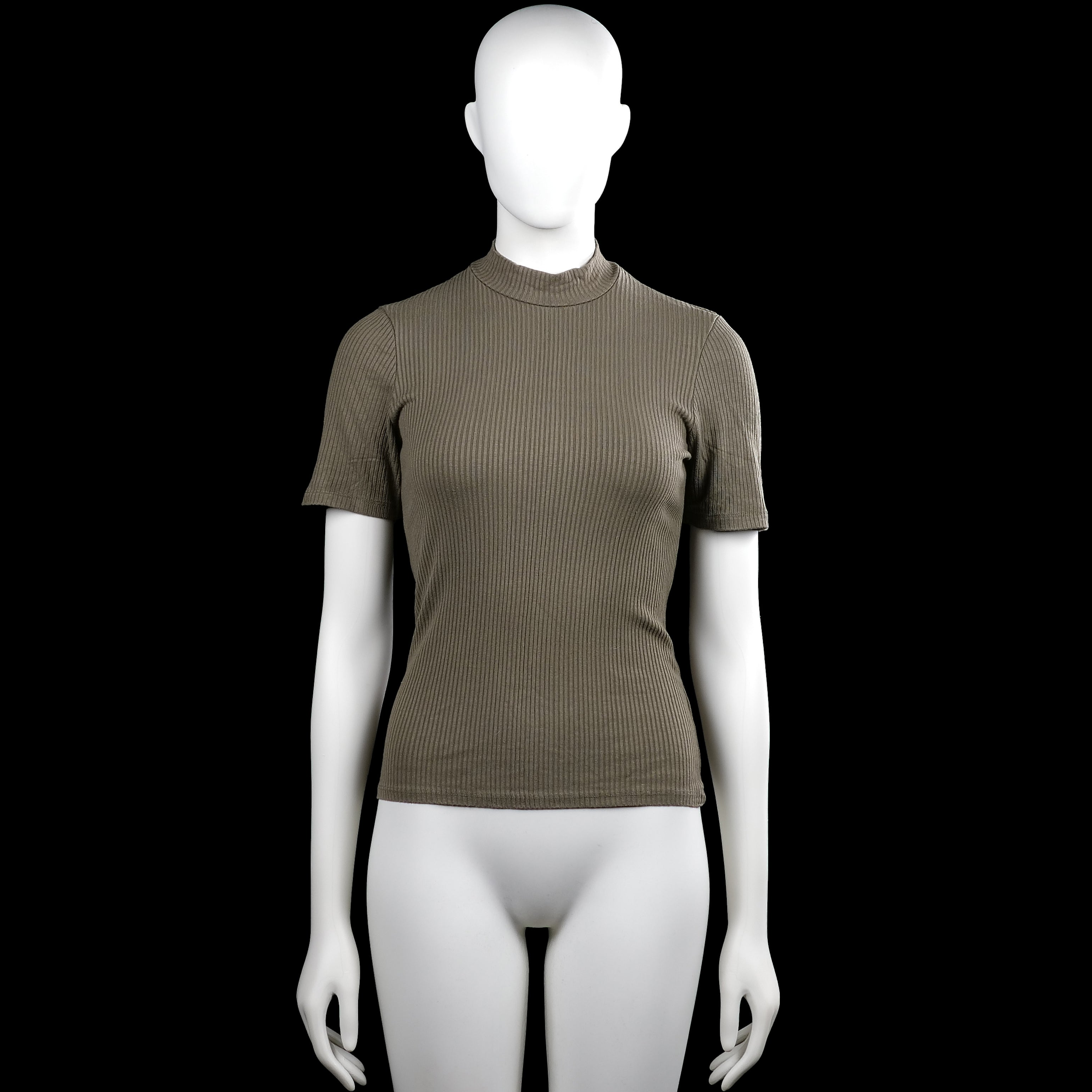 Amisu - T-shirt - Olive - Size S - Olive ribbed solid top with a mock neck and short sleeves. Features plain cuffs and a straight hem.
