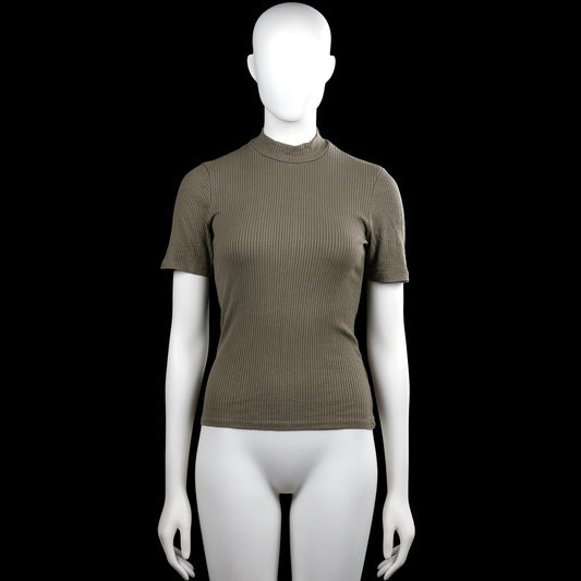 Amisu - T-shirt - Olive - Size S - Olive ribbed solid top with a mock neck and short sleeves. Features plain cuffs and a straight hem.