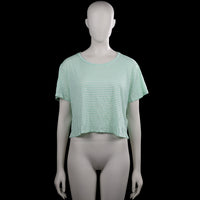 Monkl - T-shirt - Mint & White - Size L - Mint and white striped top with a scoop neckline and short sleeves. Straight hem with side slits.
