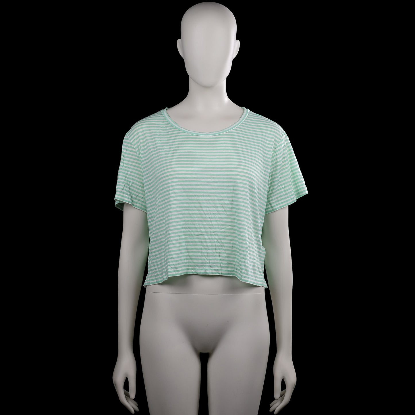 Monkl - T-shirt - Mint & White - Size L - Mint and white striped top with a scoop neckline and short sleeves. Straight hem with side slits.