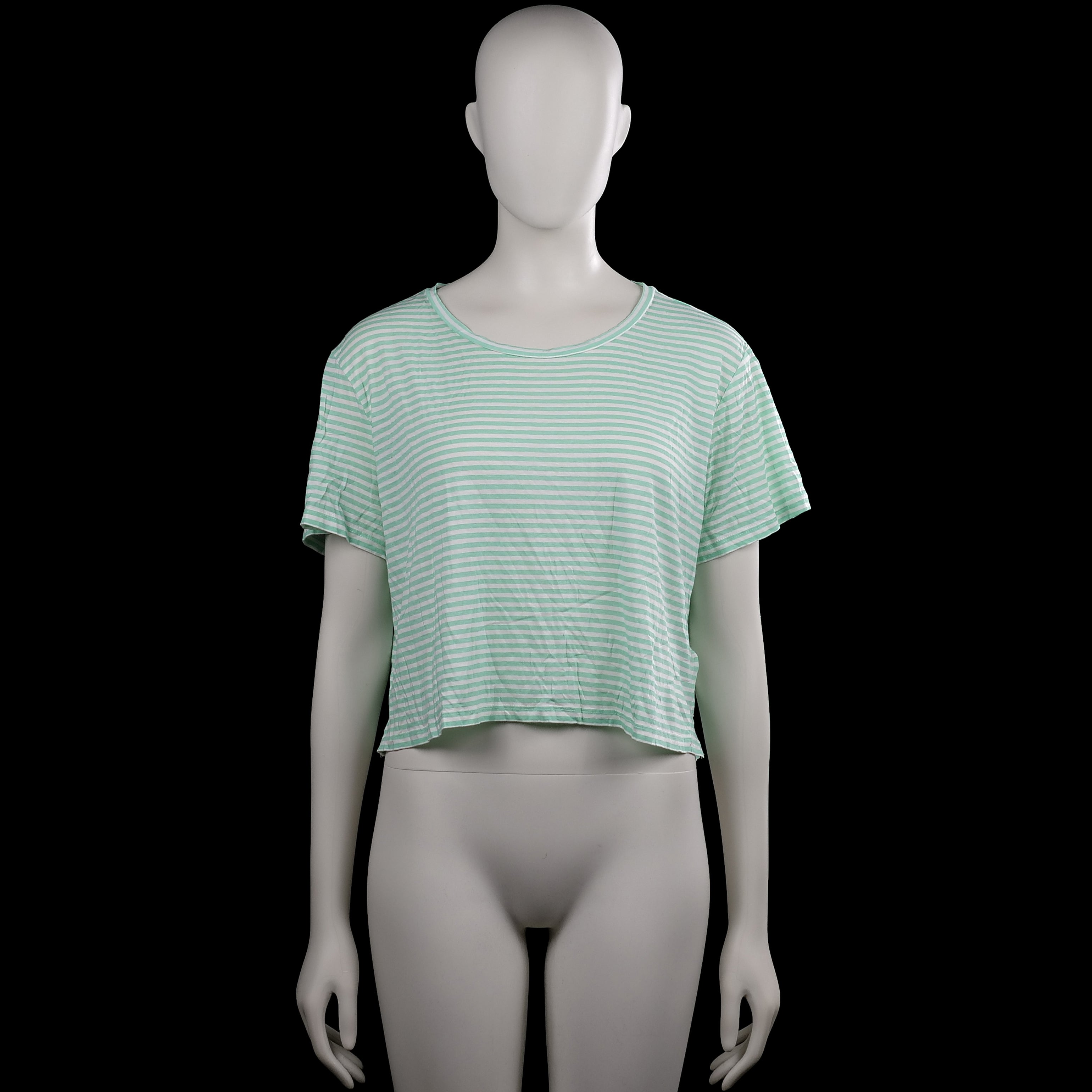 Monkl - T-shirt - Mint & White - Size L - Mint and white striped top with a scoop neckline and short sleeves. Straight hem with side slits.