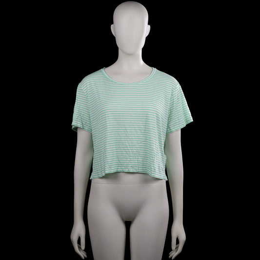 Monkl - T-shirt - Mint & White - Size L - Mint and white striped top with a scoop neckline and short sleeves. Straight hem with side slits.