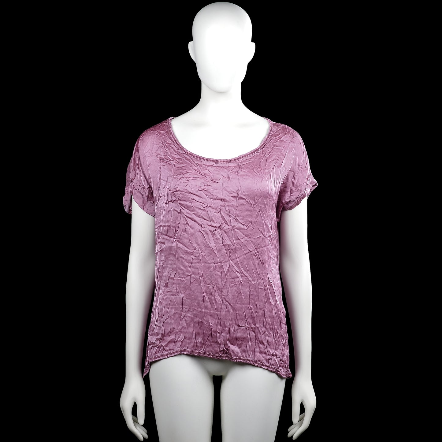 Made In Italy - T-shirt - Purple - Size L - Solid purple top with a scoop neckline and short sleeves with rolled cuffs. Curved hem with no visible closures.