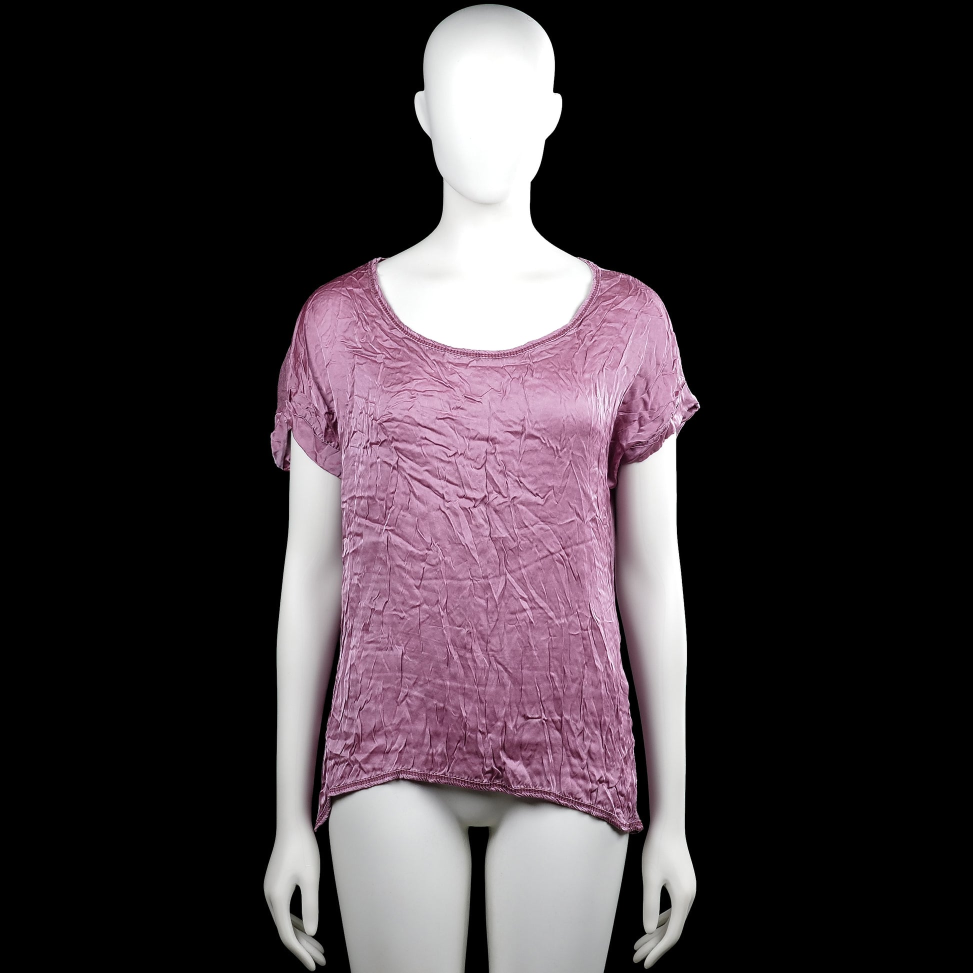 Made In Italy - T-shirt - Purple - Size L - Solid purple top with a scoop neckline and short sleeves with rolled cuffs. Curved hem with no visible closures.