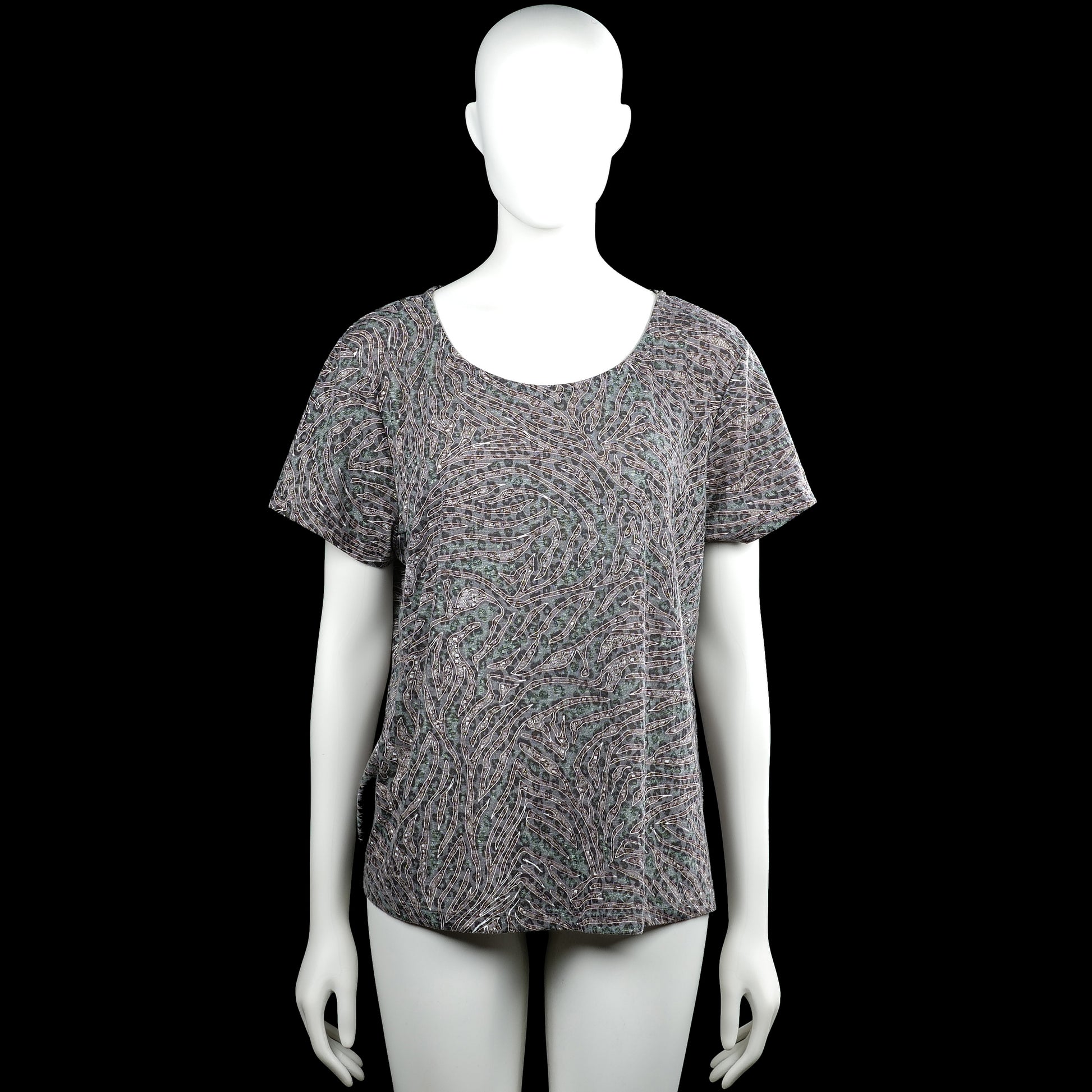 Alice bizous - T-shirt - Gray & Forest Green - Size XL - Gray and forest green top with an all-over abstract print and a scoop neckline. Features short sleeves with plain cuffs and a straight hem.