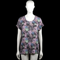 Mywear - T-shirt - Purple & Black - Size M - Purple and black floral top with a scoop neckline and short sleeves. Straight hem with no visible closures.