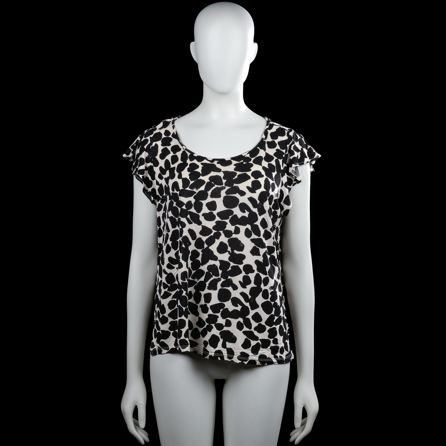 H&M - T-shirt - White & Black - Size M - White and black top with an all-over irregular spot print and a scoop neckline. Features short flutter sleeves with plain cuffs and a straight hem.