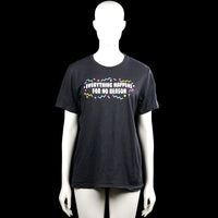 Canvas - T-shirt - Black - Size M - Black short-sleeve T-shirt with a round neck and straight hem. Features a printed front graphic with text and multicolored shapes.