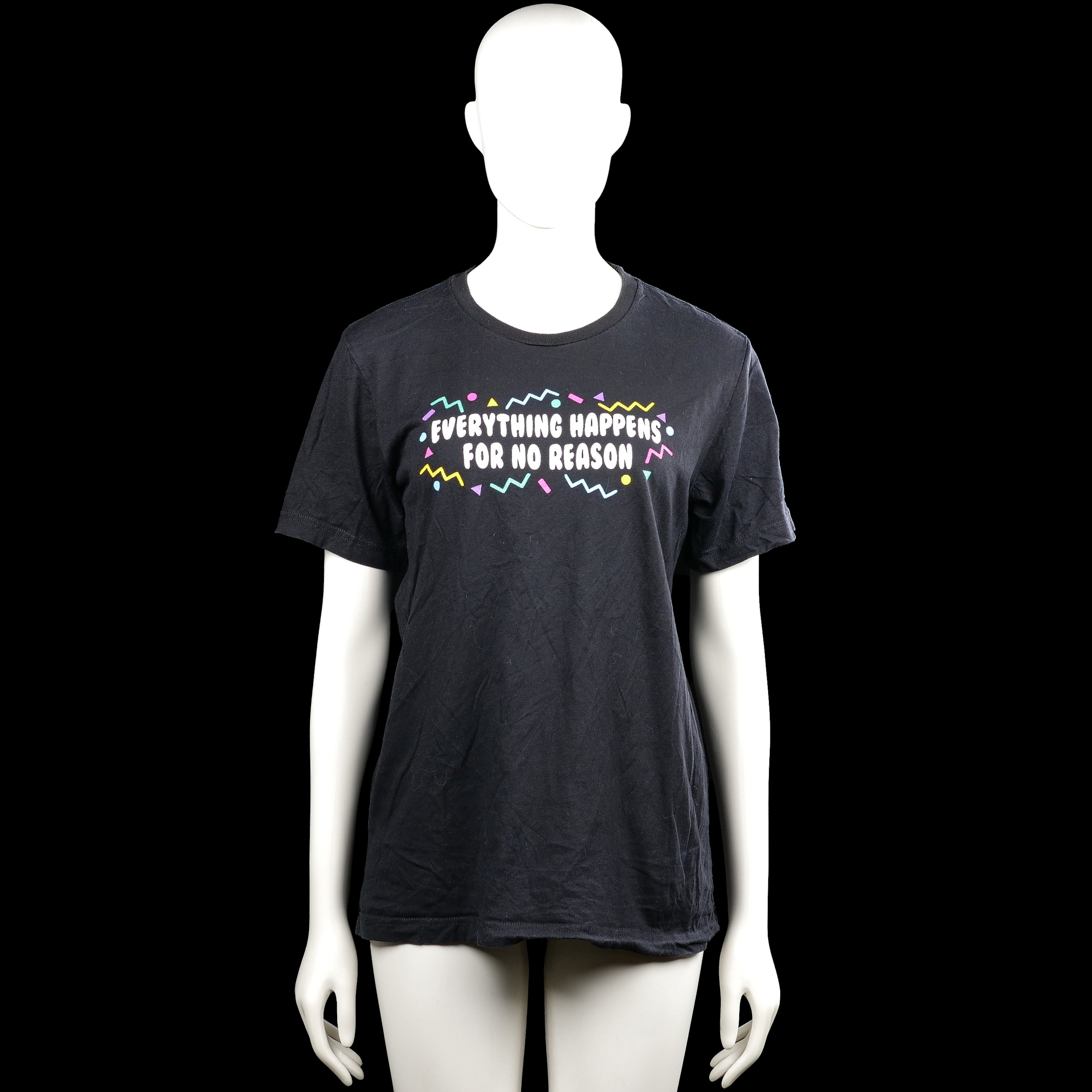 Canvas - T-shirt - Black - Size M - Black short-sleeve T-shirt with a round neck and straight hem. Features a printed front graphic with text and multicolored shapes.