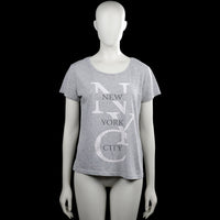 Only - T-shirt - Light Gray & White - Size S - Light gray short-sleeve top with a scoop neck and straight hem. Features a large white text and letter graphic on the front.