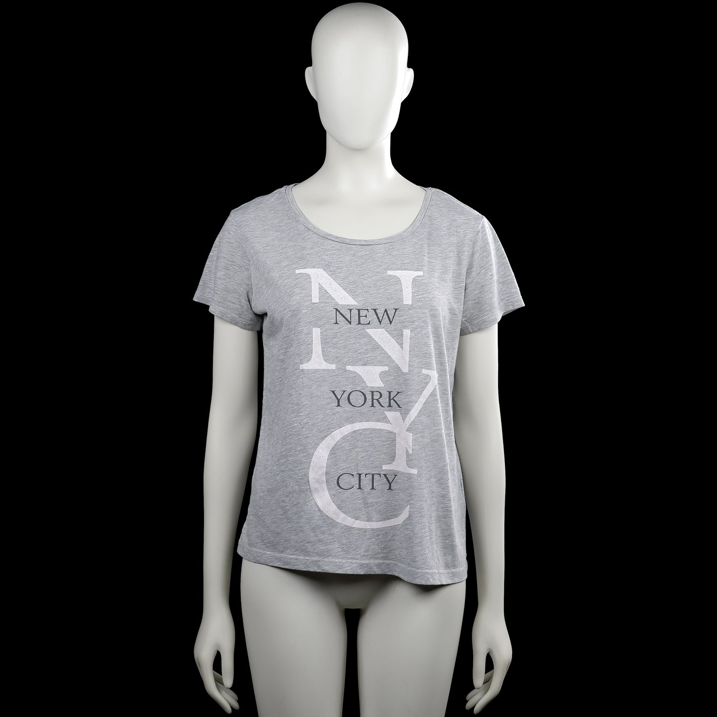 Only - T-shirt - Light Gray & White - Size S - Light gray short-sleeve top with a scoop neck and straight hem. Features a large white text and letter graphic on the front.