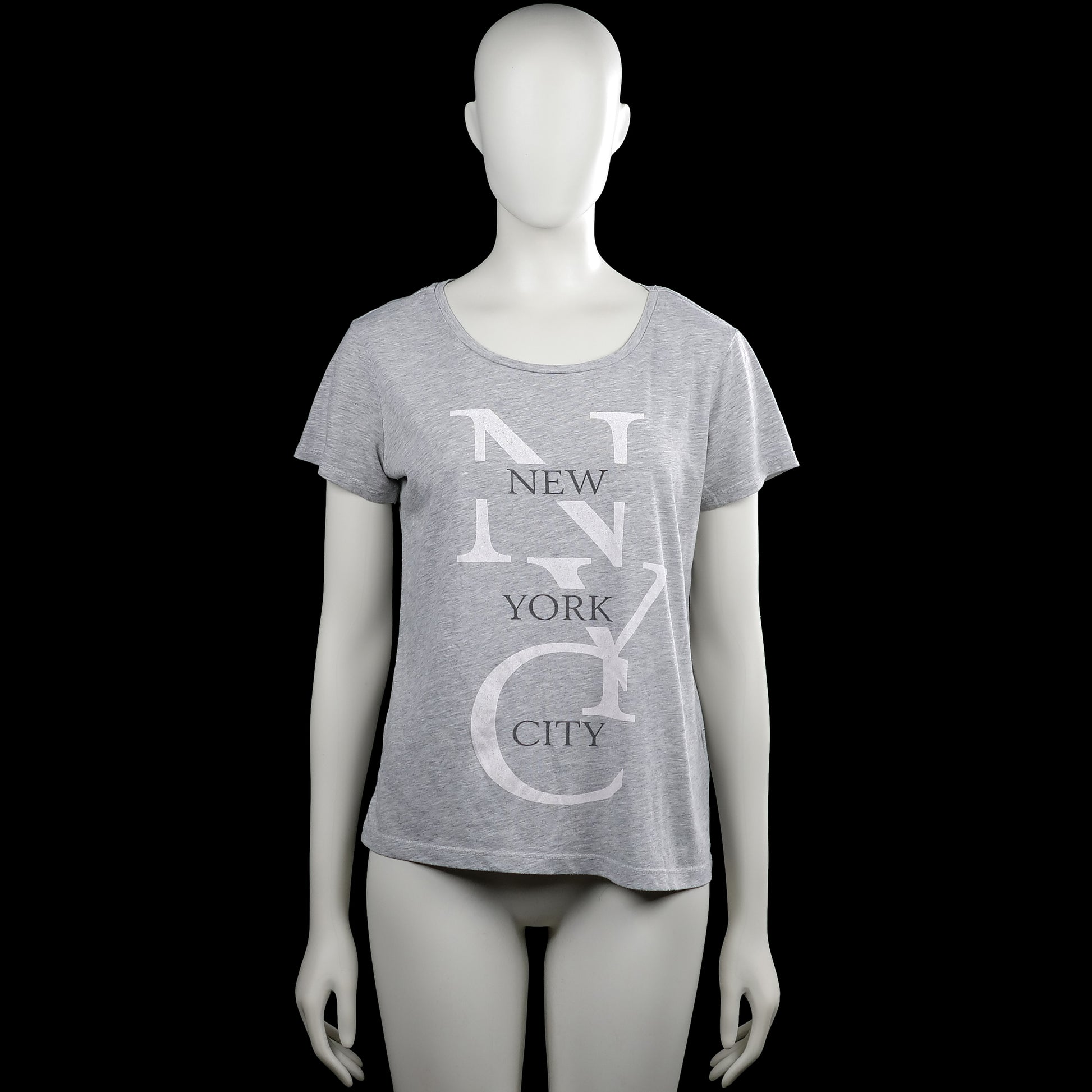Only - T-shirt - Light Gray & White - Size S - Light gray short-sleeve top with a scoop neck and straight hem. Features a large white text and letter graphic on the front.