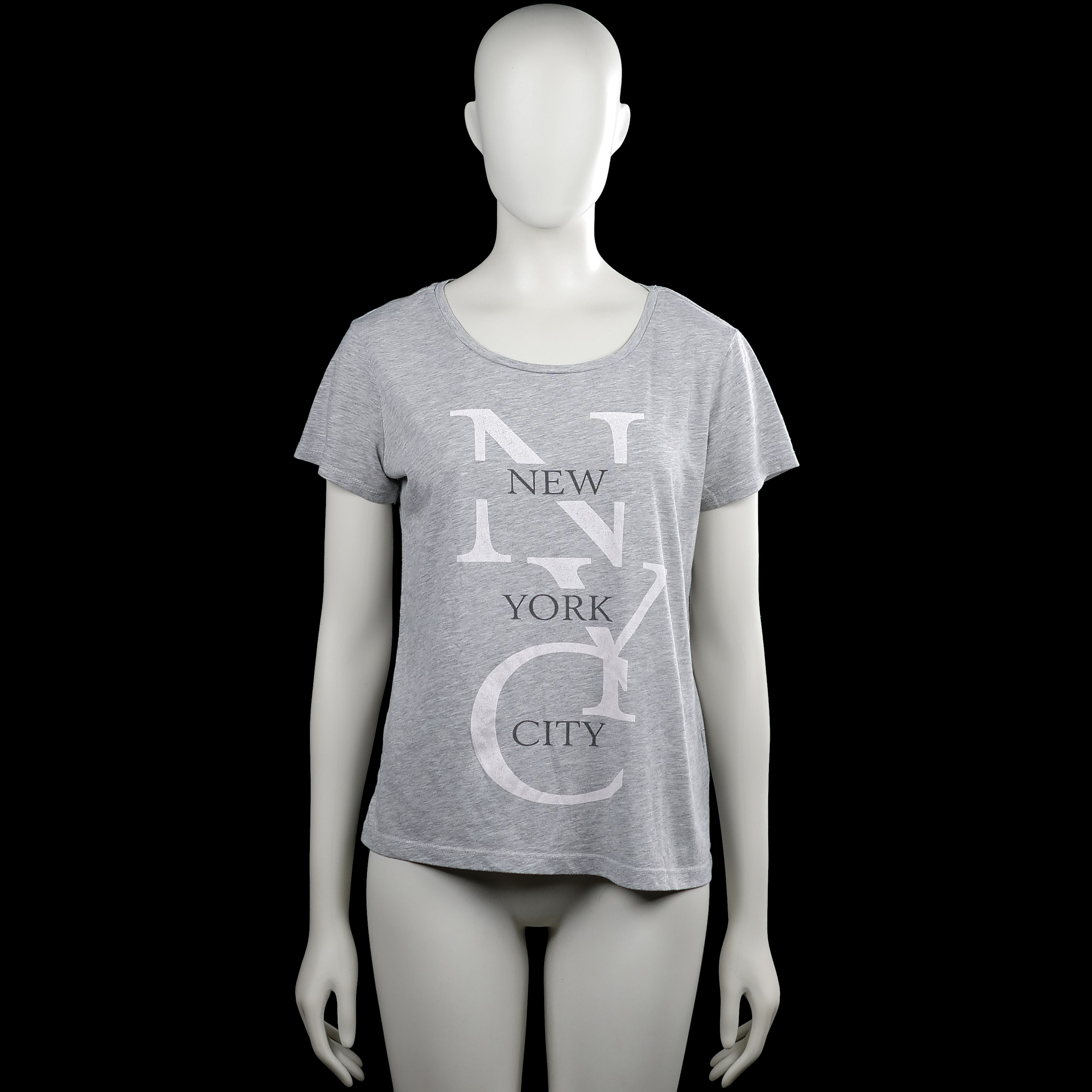 Only - T-shirt - Light Gray & White - Size S - Light gray short-sleeve top with a scoop neck and straight hem. Features a large white text and letter graphic on the front.