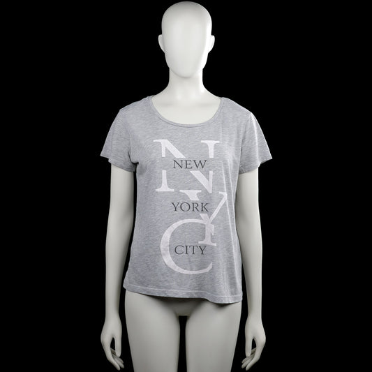 Only - T-shirt - Light Gray & White - Size S - Light gray short-sleeve top with a scoop neck and straight hem. Features a large white text and letter graphic on the front.