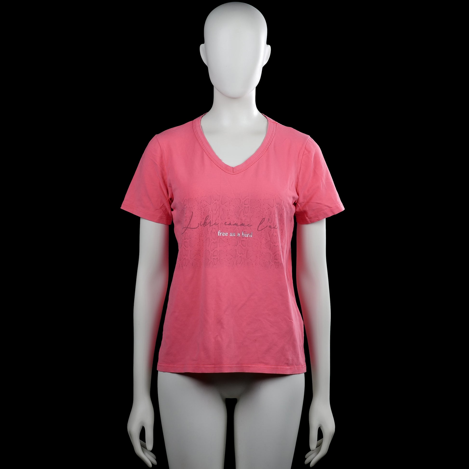 Enjoy - T-shirt - Pink - Size S - Pink T-shirt with a V-neck and short sleeves. Features a faint front graphic print and a straight hem.
