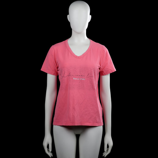 Enjoy - T-shirt - Pink - Size S - Pink T-shirt with a V-neck and short sleeves. Features a faint front graphic print and a straight hem.