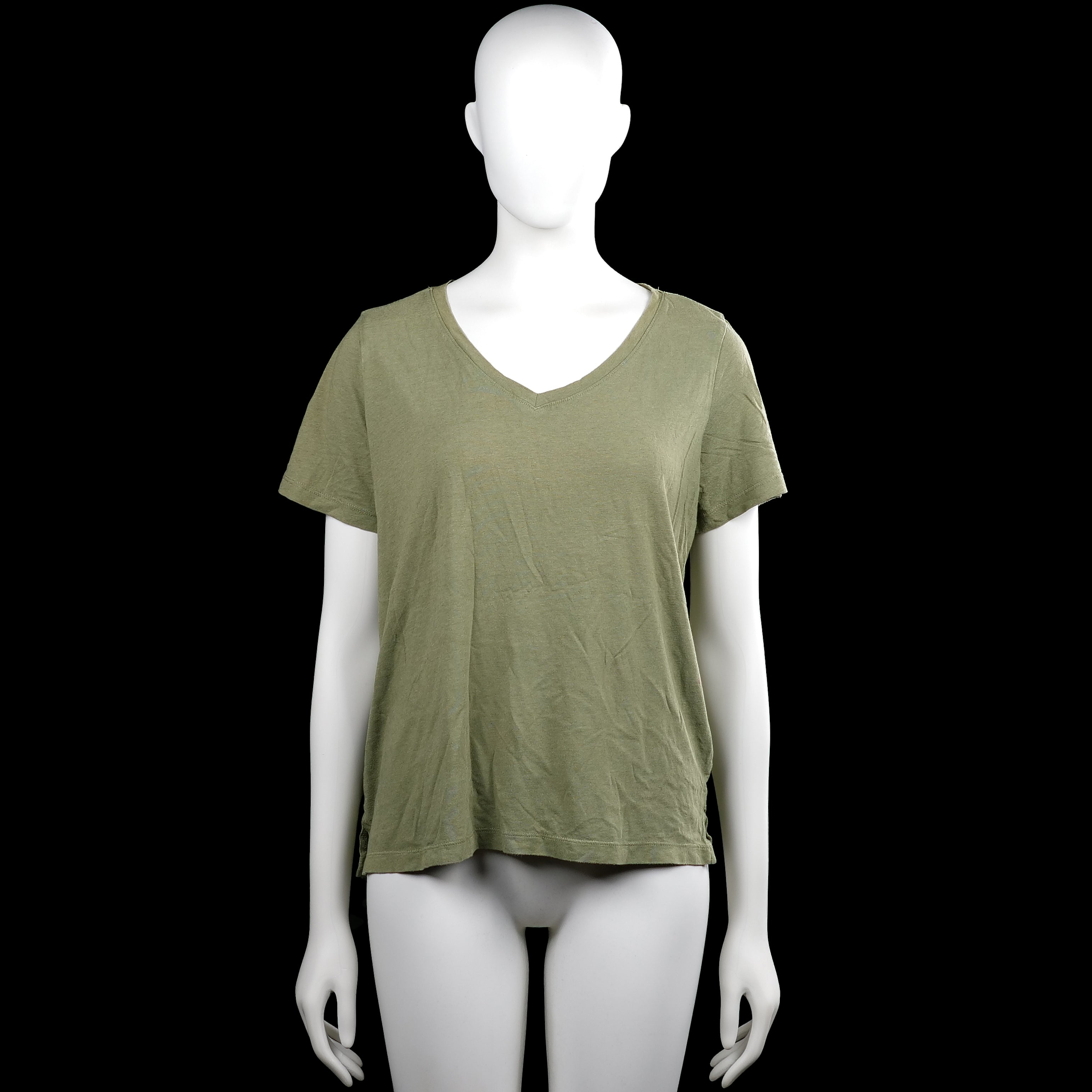 Hema - T-shirt - Olive - Size S - Olive solid top with a V-neck and short sleeves. Straight hem with small side slits.