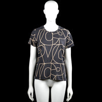 Visual clothing project - T-shirt - Navy & Beige - Size S - Navy top with a beige abstract line print, round neck, and short sleeves. Straight hem and plain sleeve cuffs.
