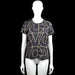 Visual clothing project - T-shirt - Navy & Beige - Size S - Navy top with a beige abstract line print, round neck, and short sleeves. Straight hem and plain sleeve cuffs.