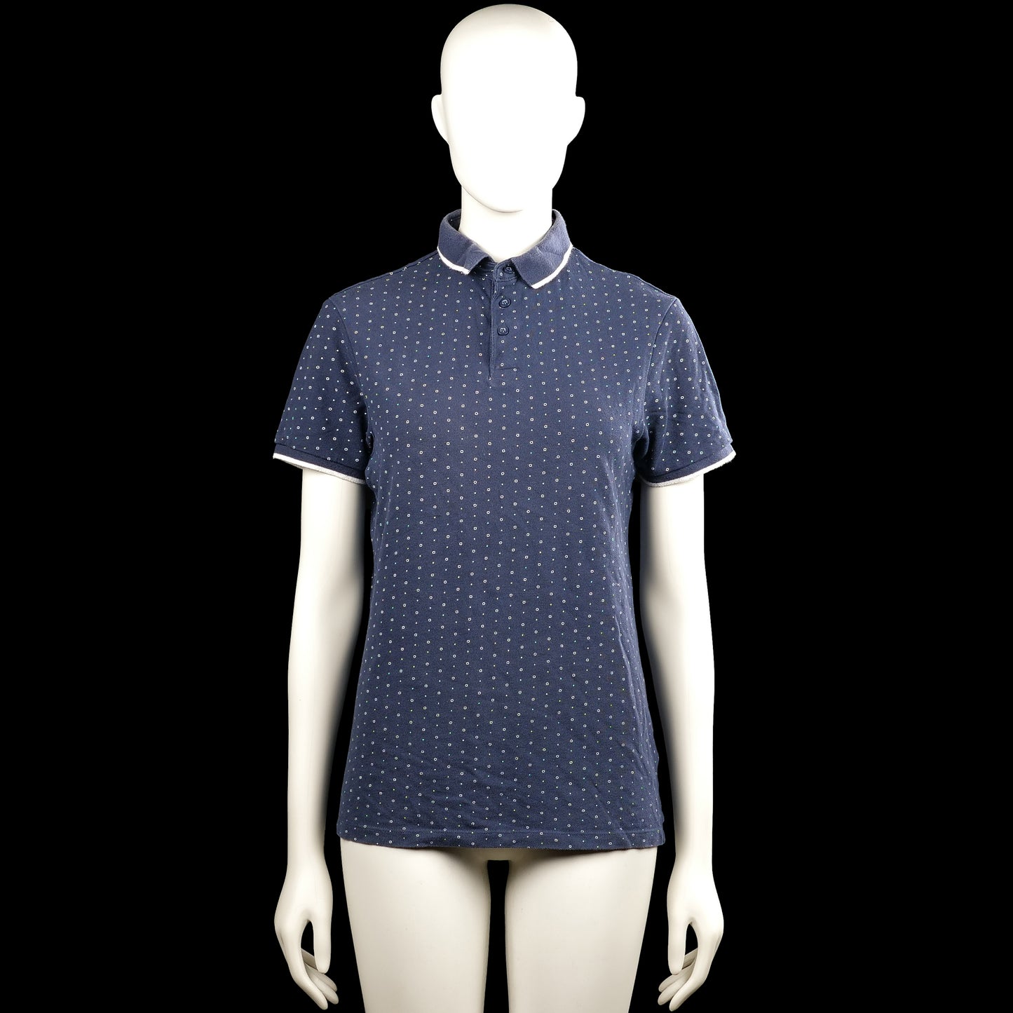 Primark - T-shirt - Navy & White - Size S - Navy polo shirt with a small dotted pattern, a three-button placket, and white trim on the collar and sleeve edges. Straight hem.